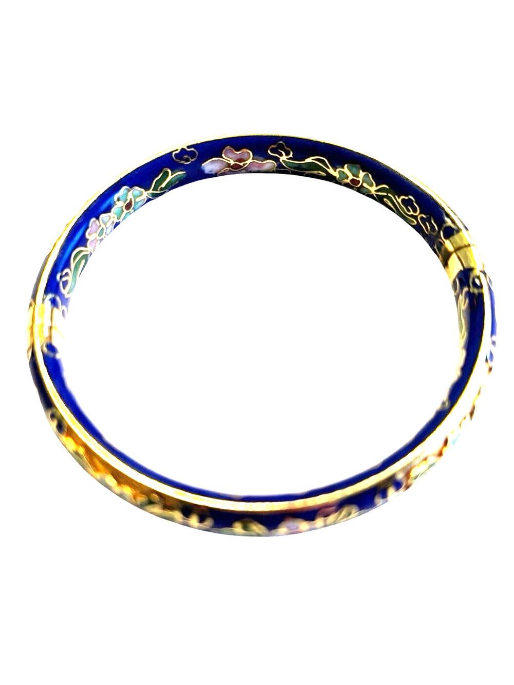 Cloisonne bangle bracelet goldtone blue enamel clamper style pink green flowers